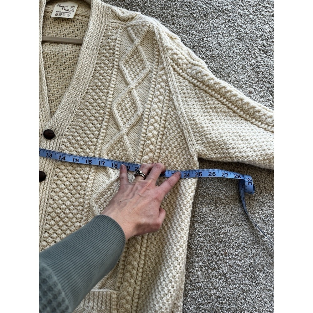 Athena Designs Irish Handknit‎ Wool Cable Knit Sweater Size L Cream Beige V Neck - Picture 8 of 10
